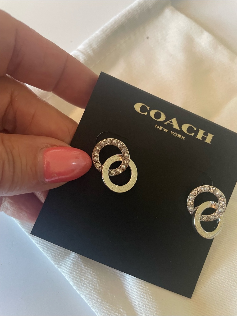Coach Silver Interlocking Crystal Hoop Stud Earrings - Picture 2 of 4